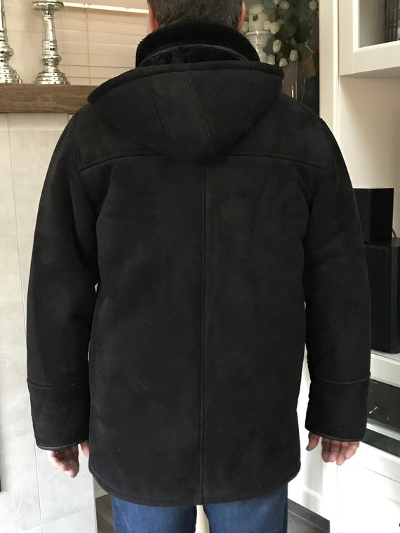 Men Black SHEARLING Sheepskin Fur 3/4 Coat Jacket… - image 7