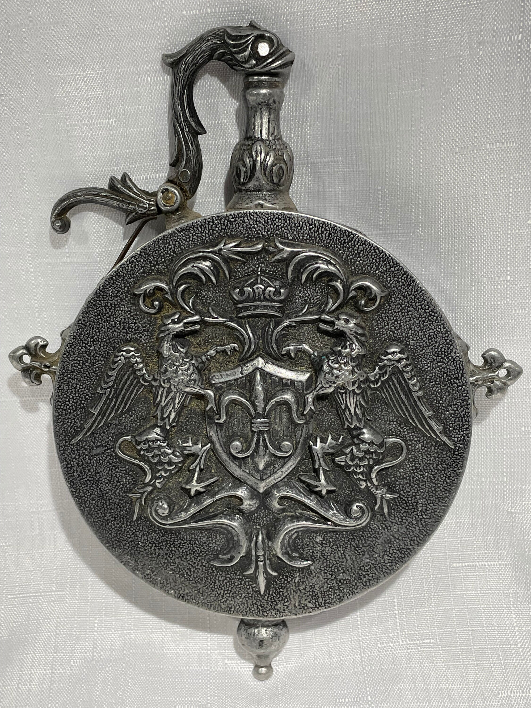 Antique Pewter Gun Powder Flask Collectible Military Memorabilia