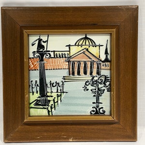 HARRIS G STRONG 1960 MCM Piastrella scultura in ceramica dipinta a mano ad alto fuoco incorniciata