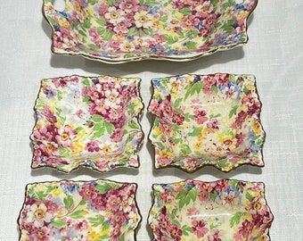James Kent Fenton Apple Blossom Chintz 1940"s Fluted Candy Dish Set of 5 England