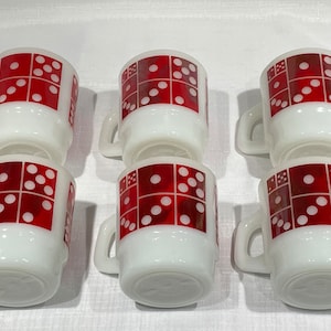 VTG Set of 6 Anchor Hocking Red Domino Dice Milk Glass Stackable D Handle Coffee Mugs USA