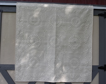 52" Whole Cloth Quilt in ivory with blue stitching