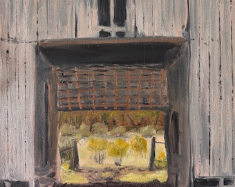 Pintura original - "Peekaboo Barn" - Óleo al aire libre de un antiguo granero tejano