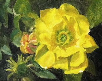 Pintura original - "Flor dorada" - Óleo de flor de cactus amarilla