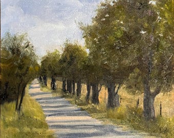 Pintura original - "Sombras de carreteras secundarias" - Paisaje de carreteras secundarias de Texas Hill Country, pintura al óleo al aire libre