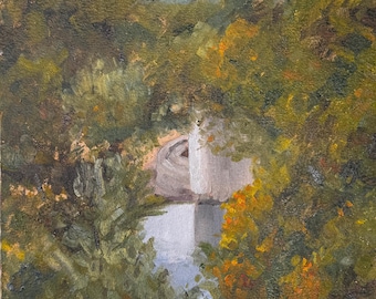 Pintura original - "Mirando entre los árboles" - Paisaje al aire libre de la región montañosa de Kerrville, Texas.