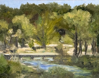 Pintura original - "Tranquilidad en el Guadalupe" - Paisaje al aire libre de la región montañosa de Kerrville, Texas.