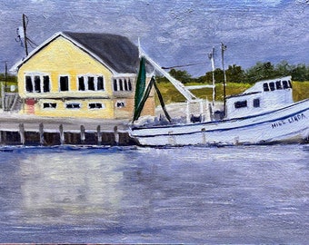 Pintura original - "Puerto de Matagorda" - Pintura al óleo al aire libre de un barco y el puerto de Matagorda, Texas