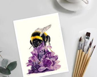 ART PRINT - "Bee on Lavender II" - Honeybee on Lavender Flower Watercolor Art Print