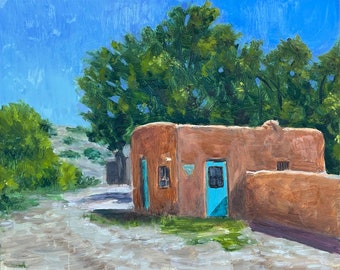 Pintura original - "Casita de Abuela" - Pintura al óleo de una casa de adobe de Nuevo México