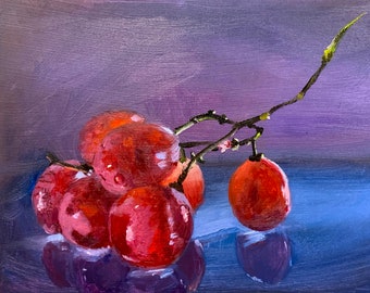 Pintura original - "Uvas rojas" - Bodegón de uvas rojas, pintura al óleo