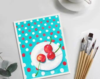 LÁMINA ARTÍSTICA - "Cerezas en un plato" - Bodegón de cerezas - Impresión artística en acuarela
