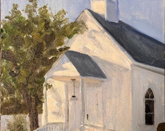 Pintura original - "La antigua iglesia de Waring" - Pintura al óleo al aire libre en un pueblo rural de Texas