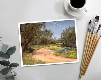 IMPRESIÓN ARTÍSTICA - "Texas Ranch Road" - Paisaje de la región montañosa de Texas, pintura al pastel suave, impresión artística