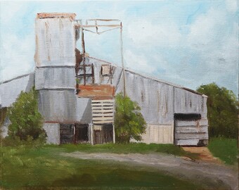 Pintura original - "Molino de aceite abandonado" - Antiguo edificio de La Grange, Texas, pintura al aire libre.