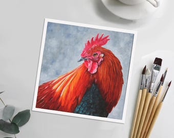 IMPRESIÓN ARTÍSTICA - "Actitud Atrevida" - Pintura al óleo de un gallo hawaiano colorido. Impresión artística.