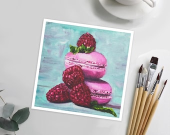 LÁMINA ARTÍSTICA - "Macarons de Frambuesa" - Impresión artística al óleo de macarrones y frambuesas