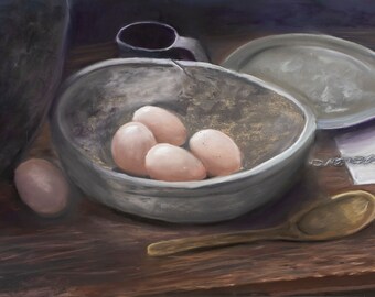 Pintura original - "Huevos marrones" - Naturaleza muerta rústica con huevos, pintura al pastel suave