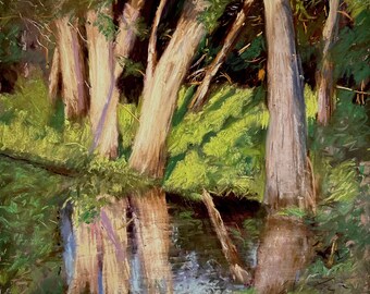 Pintura original - "Reflejos en la carretera" - Paisaje tejano al pastel suave