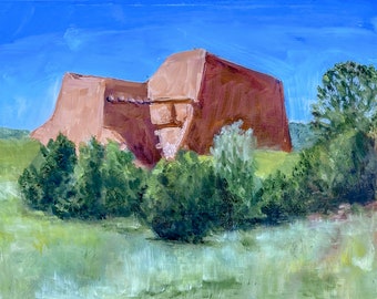 Pintura original - "Última misión en Pecos" - Óleo al aire libre de la Iglesia de la Misión de Nuevo México