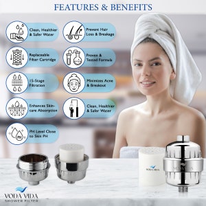 Revitalize your shower with Voda Vida Shower Filter: Clean, healthier, & softer water. Replaceable 15-stage filter enhances skin care absorption, prevents hair loss & damage, minimizes acne & maintains pH close to skin's natural level.