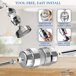 Easily install your Voda Vida shower filter replacement cartridge with easy step-by-step guide: 1. Flush out carbon particles, 2. Insert rubber o-rings, 3. Screw the shower filter back, 4. Screw on the shower head. Effortless installation
