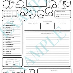 Dnd Character Sheet for 5th Edition Dungeons and Dragons Printable and