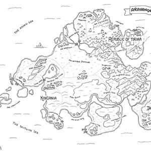 Carte PDF téléchargeable du RPG fantastique des îles Avandry - dessinée à la main et numérisée