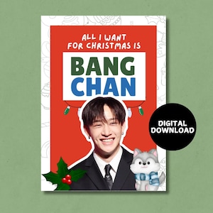Druckbare Bang Chan Wolf-Chan Stray Kids Frohe Weihnachtskarte - Sofortiger digitaler Download, A6 K-Pop SKZ Weihnachtskarte Lustig