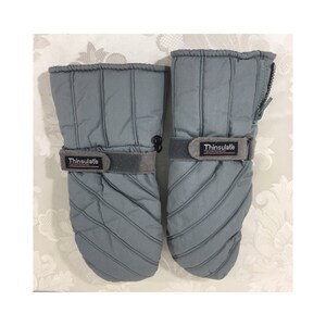 Puede incluir: Un par de manoplas grises acolchadas con la marca "Thinsulate" en las correas de la muñeca. Las manoplas tienen un patrón cosido en diagonal y una cremallera en una. Diseñadas para el frío.