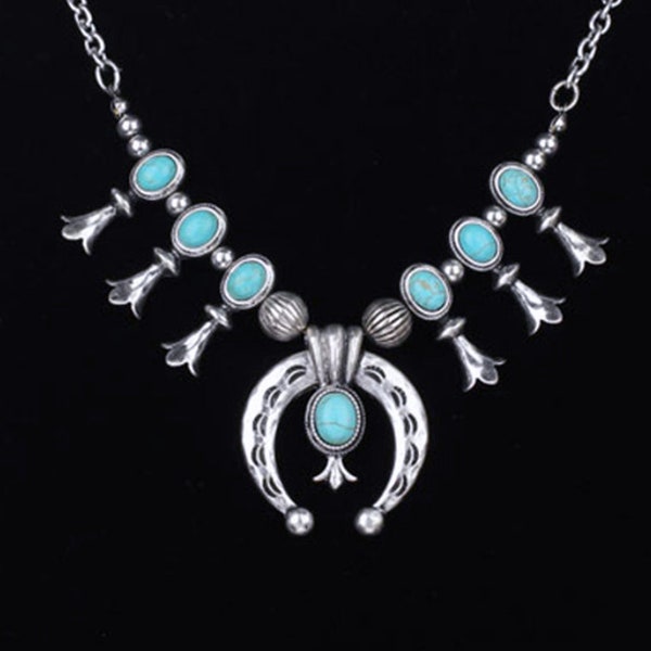 South Western Petite Silver Metal Squash Blossom Naja Turquoise Necklace Set - boho Gypsy