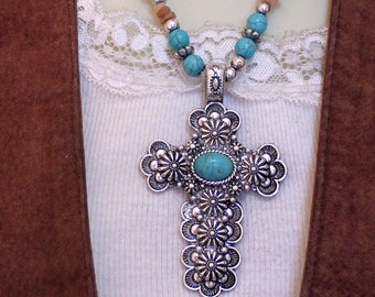 Western Engraved Metal Cross Pendant Turquoise & Beads Necklace Set - Boho Tribal