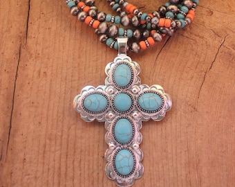 Caribbean Colors Navajo Pearl Orange Turquoise Cross Pendant Necklace Earring Set - Tribal Boho