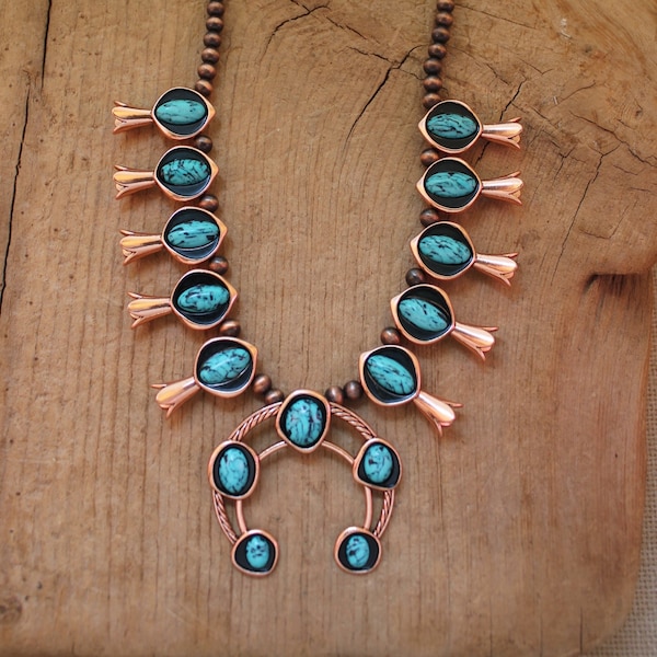 SALE Faux Turquoise Bead Squash Blossom Copper Metal & Copper Navajo Style Beads Necklace Cowgirl Gypsy Boho Tribal