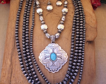 Western Four Strand Navajo Style Beads Silver Engraved Metal Cross Pendant  Two Piece Necklace Set - Tribal Boho