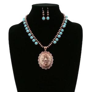 Western Turquoise Beads Copper Engraved Oval Pendant Navajo Copper Beads Necklace - Boho Tribal