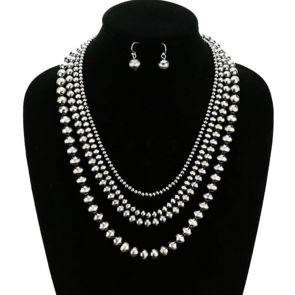 Western Navajo Style Pewter Pearl Beads Four Strand Layered Shiny Necklace Set - Tribal Boho