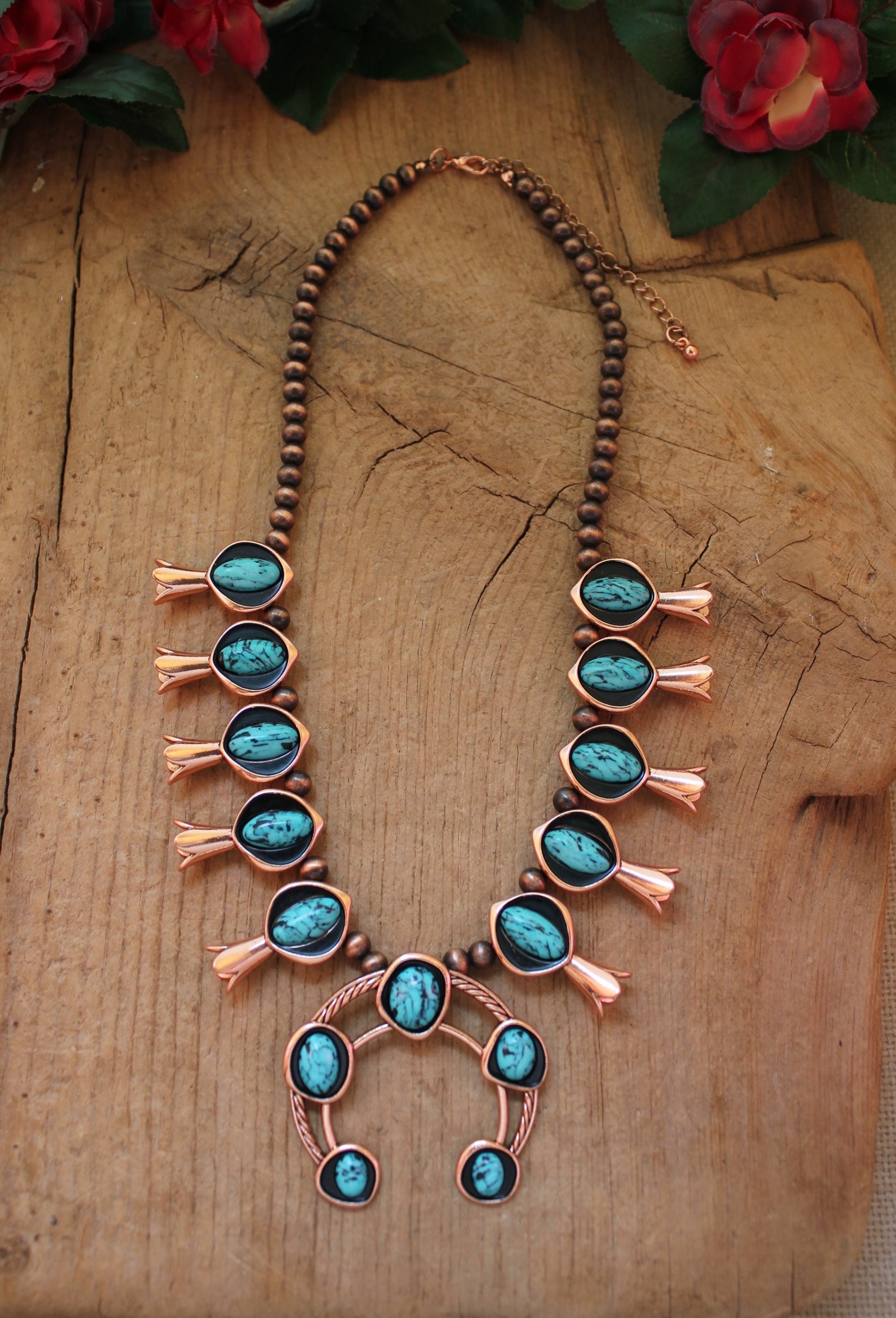 SALE Faux Turquoise Bead Squash Blossom Copper Metal Copper