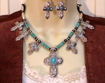 Engraved Silver Metal Cross Turquoise & Navajo Style Bead Cross Charms Necklace Set - Boho Tribal