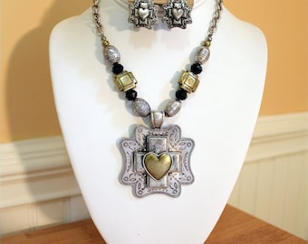 Engraved Antiqued Silver Metal Western Cross Gold Heart Pendant - South Western Necklace Set