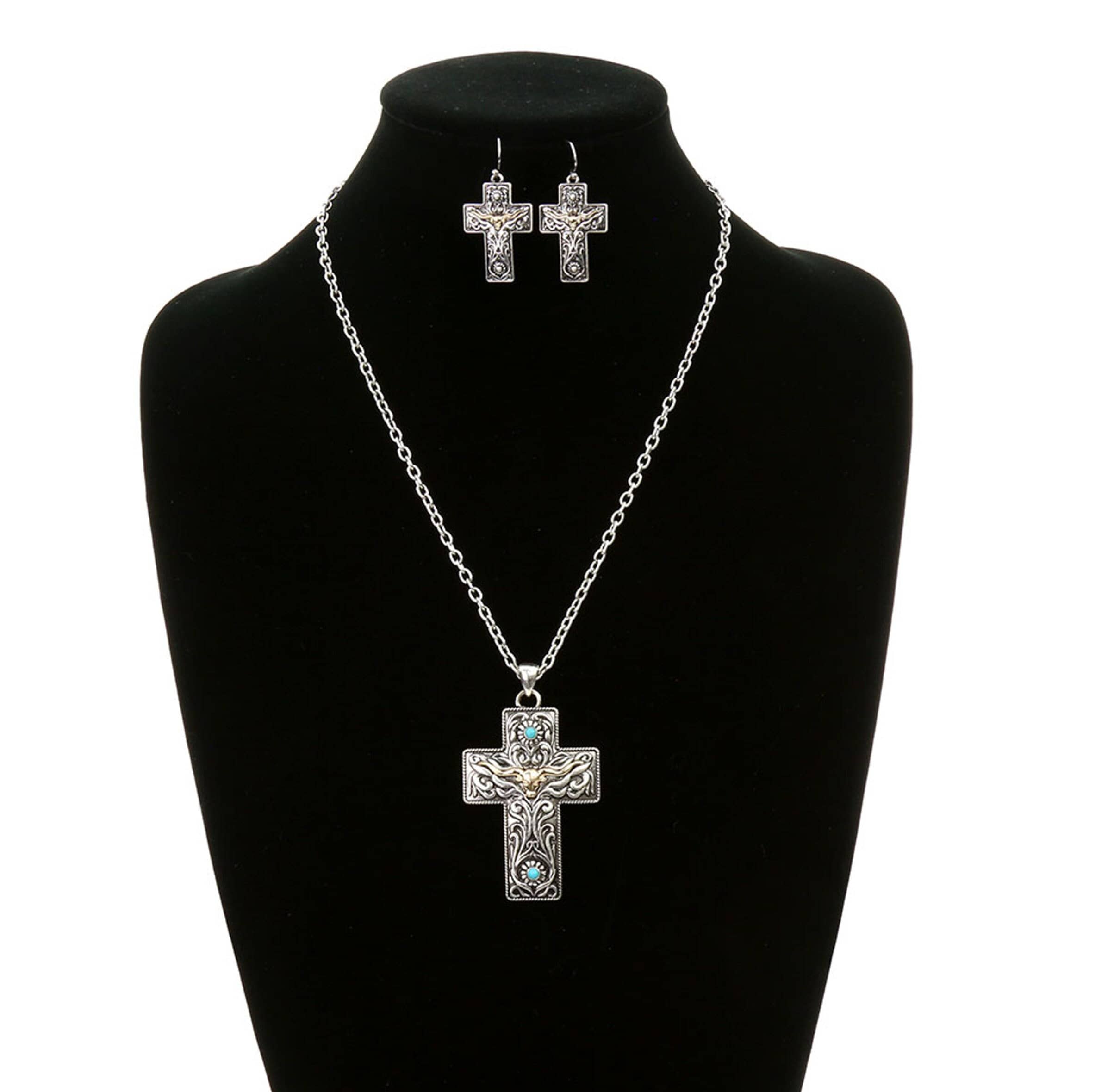 Floral Engraved Silver Metal Cross w/Gold Steer Head & Turquoise Beads Necklace Set  19" Chain