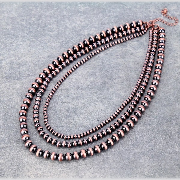 SALE Southwestern Navajo Style Acrylic Copper Pearl Beads Three Strand Layered Necklace - Tribal Boho #C29