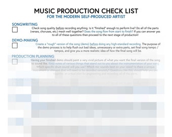 Lista de verificación de producción musical: descarga digital, imprimible, instrumento musical, composición de canciones, demostración, mezcla, masterización, producción, músico aficionado