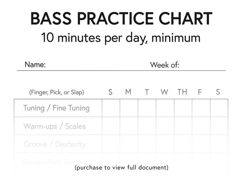 Bass Practice Chart Digital Download, Printable Practice Log, Musical
