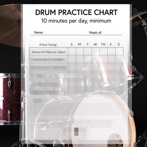 Drum Practice Chart - Digital Download, Printable Practice Log, Musical Instrument, No-Side Music