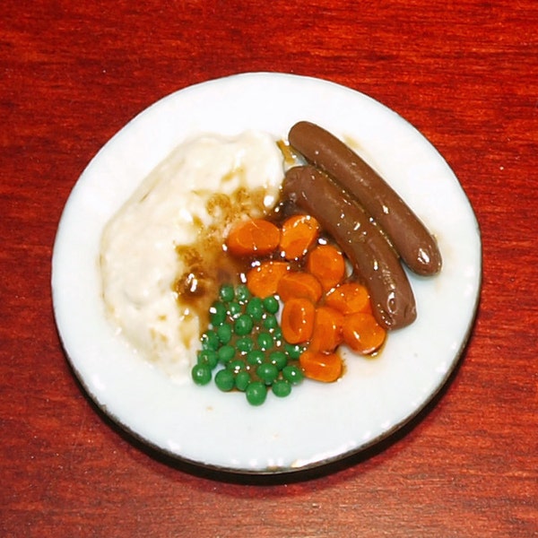 Dollhouse Miniature Food Ceramic Plate of Sausages and Mash with vegetables with gravy 1:12 scale