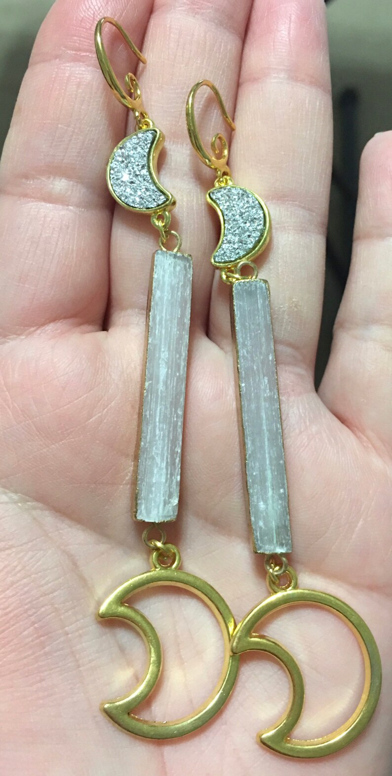 Celestial Jewelry Selenite Earrings Easter Gift Healing Jewelry Luna Earrings Celestial Earrings Crescent Moon Earrings