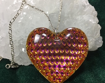 Pink Yellow Titanium Crystal Heart Necklace, Oversized Crystal Heart Necklace