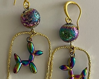 Metallic Rainbow Balloon Dog Earrings,  Balloon Animal Earrings, Balloon Dog Earrings, Spring Earrings, Small Balloon Dog Earrings
