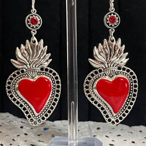 Large Red Sagrado Corazon Earrings, Sacred Heart Earrings, Aretes De Corazón, Mexican Milagro Heart Earrings, Ex Voto Earrings